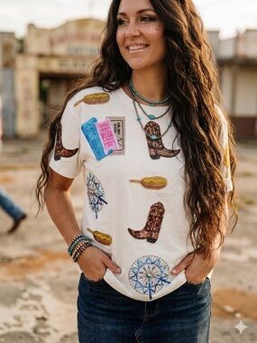 Queen Of Sparkle White T Shirt with Sequin & Embroidered Texas Fair images L